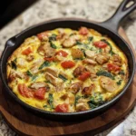 Classic turkey frittata with golden egg base and chunks of turkey in a skillet.